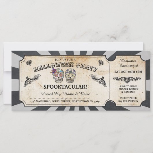 Halloween Ticket Skulls Party Spooky Scroll Event Kaart (Voorkant)