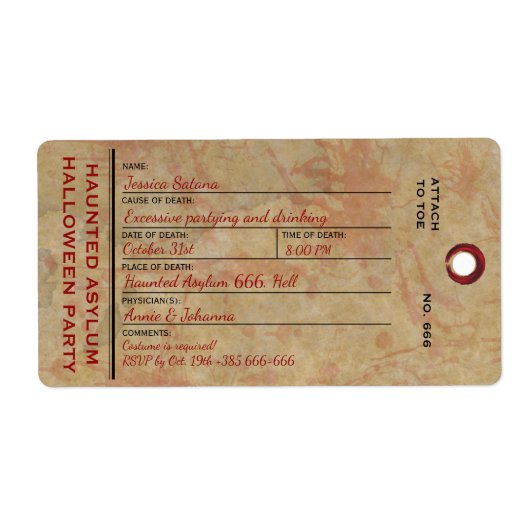 Halloween Toe Label Haunted Asylum Party (Voorkant)