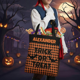 Halloween Trick or Treat Orange & Black Plaid Name Draagtas