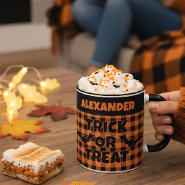 Halloween Trick or Treat Orange & Black Plaid Name Mok