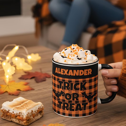 Halloween Trick or Treat Orange & Black Plaid Name Mok