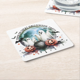 HALLOWEEN Trick Or Treat Twee Geesten Met Pompoene Vierkante Kartonnen Onderzetter