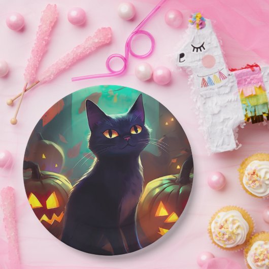 Halloween Tuxedo Cat met pompoenen eng Papieren Bordje (Feest)