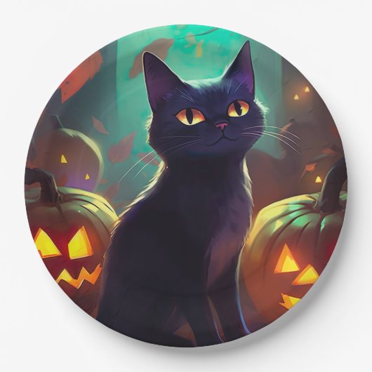 Halloween Tuxedo Cat met pompoenen eng Papieren Bordje (Voorkant)