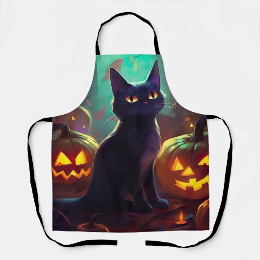 Halloween Tuxedo Cat met pompoenen eng Schort (Voorkant)