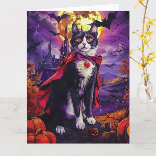 Halloween Tuxedo Cat Vampire Pumpkins eng Kaart (Gele Bloem)