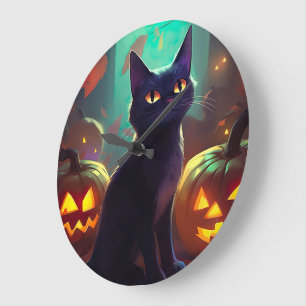 Halloween Tuxedo Kat Met Pompoenen Griezelen Grote Klok