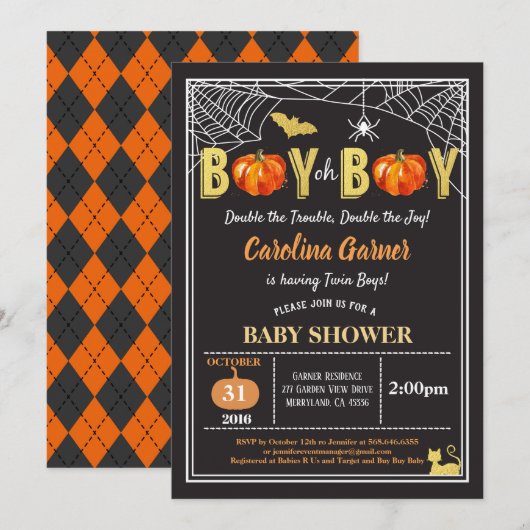 Halloween tweeling, douchepompoen voor baby's Zwar Kaart (Voorkant / Achterkant)