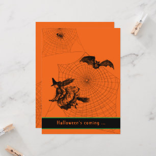 Halloween Typografie Heks Bat Spin Oranje Flat Kaart