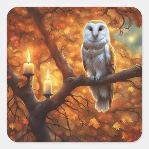 Halloween-uil in herfstbladeren met kaarsen vierkante sticker