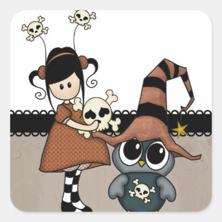 Halloween Uil & Meisje met Schedels, Schattige! Vierkante Sticker