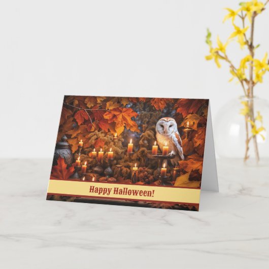 Halloween Uil met kaarsen en Herfst gebladerte Kaart (Gele Bloem)
