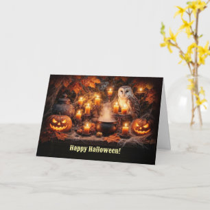 Halloween-uil met kaarsen en herfstloof kaart