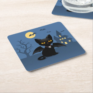 Halloween Vampier Zwarte Kat met Vleugels Vierkante Kartonnen Onderzetter