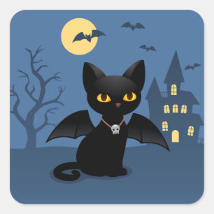 Halloween Vampier Zwarte Kat met Vleugels Vierkante Sticker