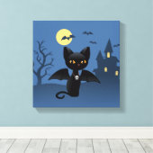 Halloween Vampire Black Cat met Wings Canvas Afdruk (Insitu (Houten vloer))
