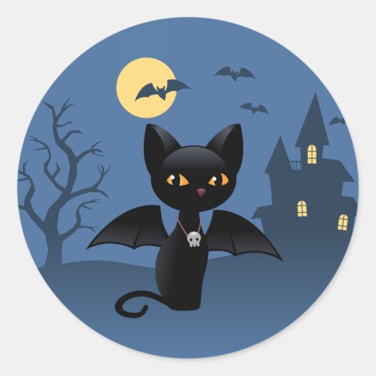 Halloween Vampire Black Cat met Wings Ronde Sticker (Voorkant)