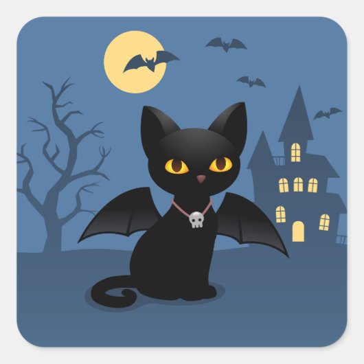 Halloween Vampire Black Cat with Wings Vierkante Sticker (Voorkant)