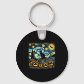 Halloween Van Gogh Starry Night Pumpkin Black Cat Sleutelhanger (Voorkant)