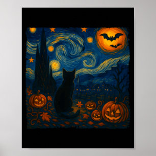 Halloween Van Gogh Starry Night Zwarte Kat Pompoen Poster