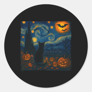 Halloween Van Gogh Starry Night Zwarte Kat Pompoen Ronde Sticker