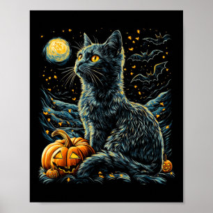 Halloween Van Gogh Sterrennacht Black Cat Pumpkins Poster