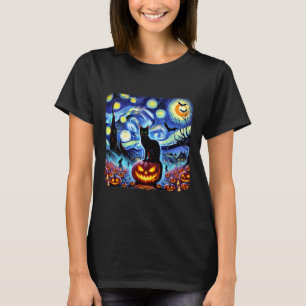 Halloween Van Gogh Sterrennacht Black Cat Pumpkins T-shirt