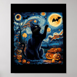 Halloween Van Gogh 'Sterrennacht Zwarte Kat Pompoe Poster