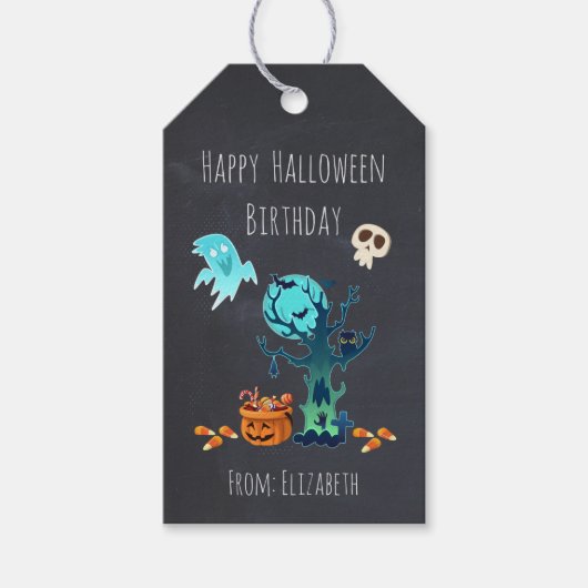 Halloween Verjaardag Met Geesten Vleermuizen Skull Cadeaulabel (Voorkant)