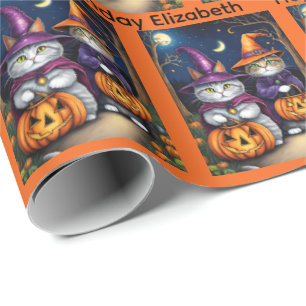Halloween Verjaardag Personaliseer Naam Kat Heksen Cadeaupapier