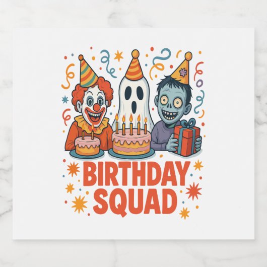 Halloween Verjaardag Squad Creepy Clown Ghost Zomb Sparkling Wijnetiket (Enkel label)