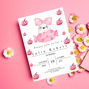 Halloween Verjaardag waterverf roze pompoen spook Kaart