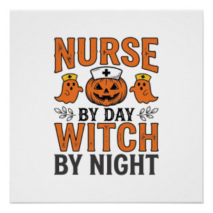 Halloween Verpleegster Heks Bij Nacht Vintage Shir Perfect Poster