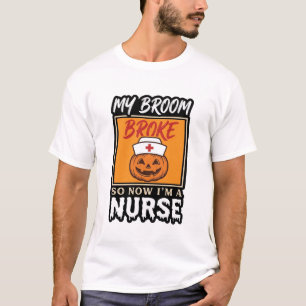 Halloween Verpleegster Pompoen Bezem Gebroken Vint T-shirt