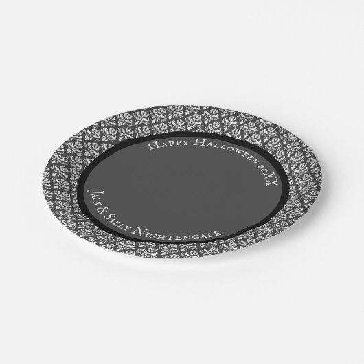 Halloween Victoriaans Damask White op zwart Papieren Bordje (Gekanteld)