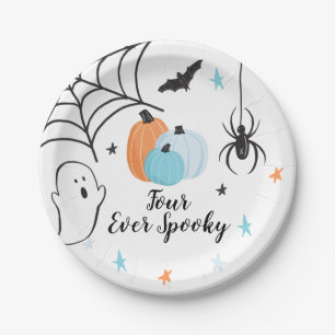 Halloween Vier Ooit Spooky Verjaardag Blauwe Pompo Papieren Bordje