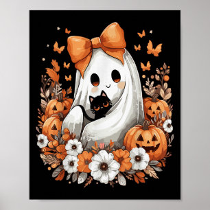 Halloween Vintage Geest Met Zwarte Kat Pompoen Blo Poster
