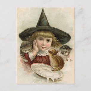 Halloween Vintage Meisjesheks Kitten Ansichtkaart Briefkaart
