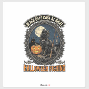 Halloween Vissende Kat Vintage Pompoen Design_1 Sticker
