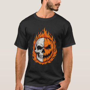 Halloween Vlammende Schedel Pompoen Gespleten Gezi T-shirt