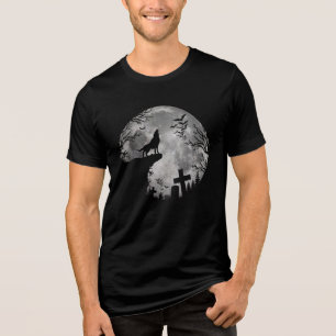 Halloween vleermuizen en wolf huilende maan Tri-Blend shirt
