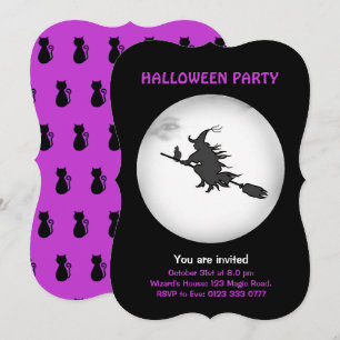 Halloween Vliegende Heks & Zwarte Kat Uitnodiging