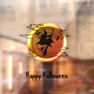 Halloween vliegende heksenbroomstick vol maangebru raamsticker