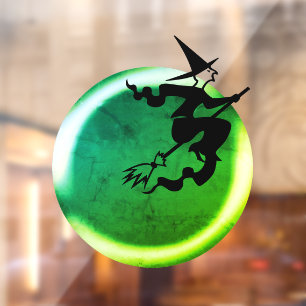 Halloween vliegende heksenkat neon green full moon raamsticker