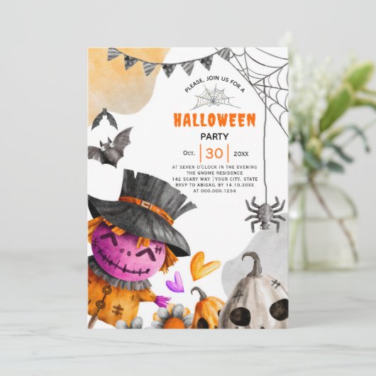 Halloween-vogelverschrikker feestje kaart (Staand voorkant)