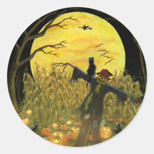 Halloween vogelverschrikker in pompoen patch stick ronde sticker