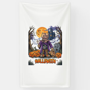 Halloween vogelverschrikker snoepzak pompoenen hek spandoek