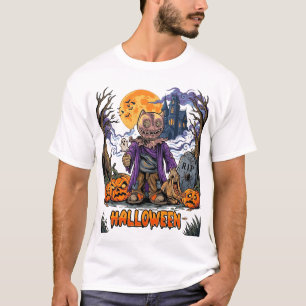 Halloween vogelverschrikker snoepzak pompoenen hek t-shirt