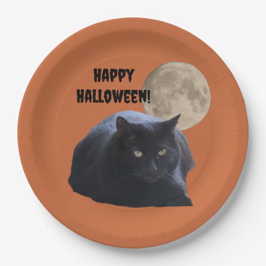Halloween Volle Maan Zwarte Kat Papieren Bordje (Voorkant)