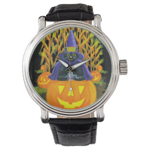 Halloween, volwassene, horloge, zwart, kat, muis, horloge